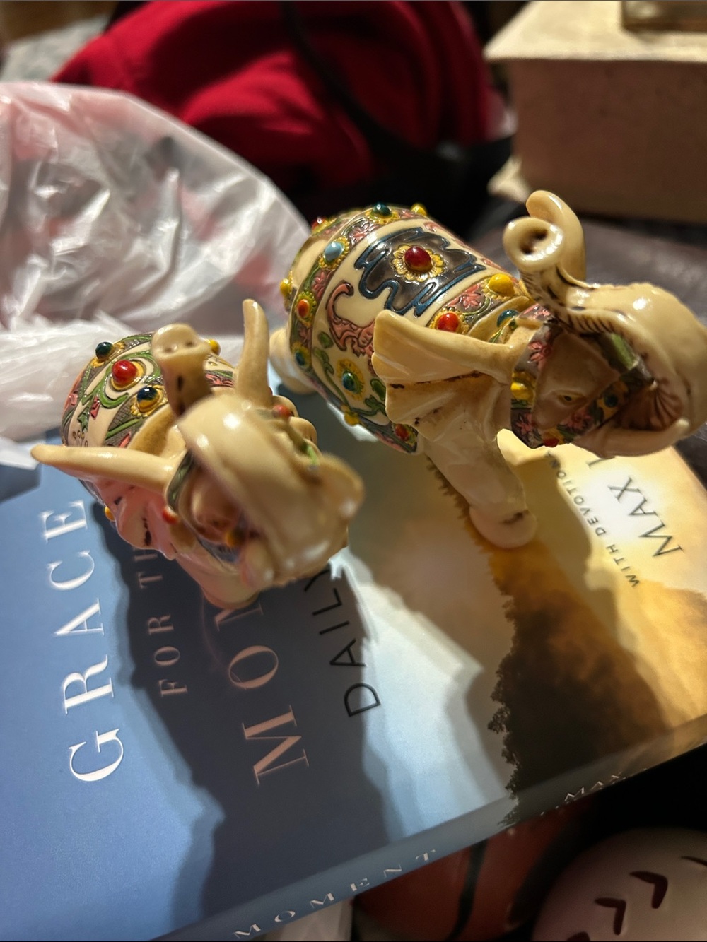 Decorative Ivory Elephant Figurines with Multicolor Accents